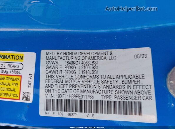 19XFL1H89PE011758 2023 HONDA CIVIC Синий Вид подкапотного пространства
