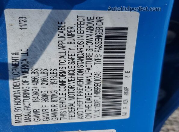 19XFL1H89RE010645 2024 HONDA CIVIC Blue ძრავის განყოფილების ხედი