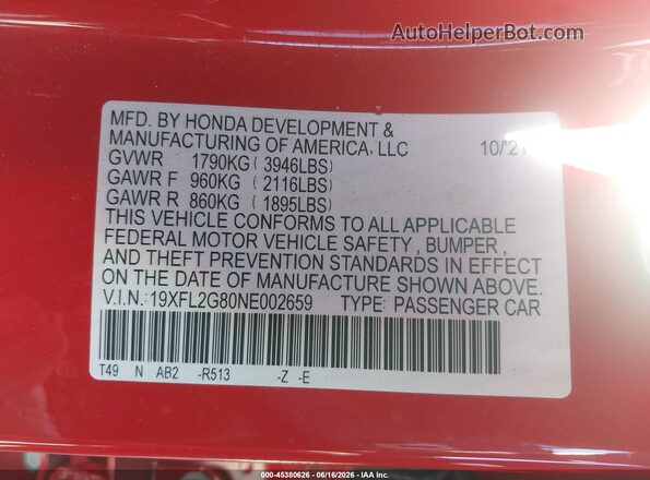 19XFL2G80NE002659 2022 HONDA CIVIC Red ძრავის განყოფილების ხედი