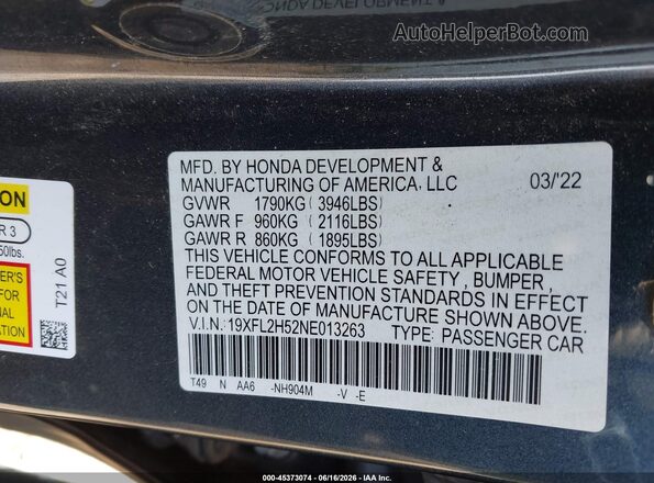 19XFL2H52NE013263 2022 HONDA CIVIC Gray Widok komory silnika