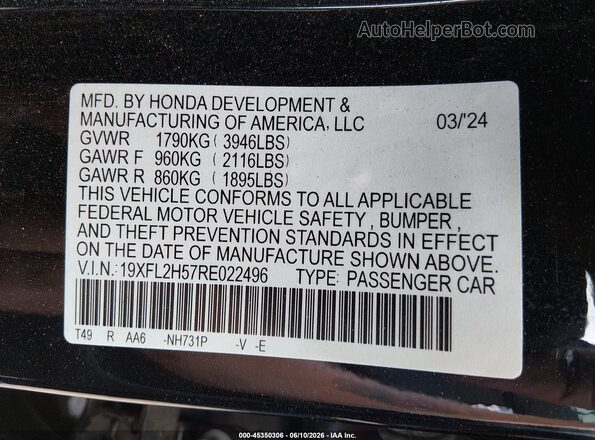 19XFL2H57RE022496 2024 HONDA CIVIC Black ძრავის განყოფილების ხედი