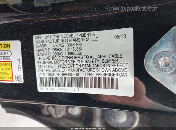19XFL2H59RE000810 2024 HONDA CIVIC Черный Вид подкапотного пространства