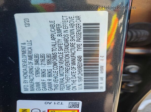 19XFL2H5XRE014649 2024 HONDA CIVIC Gray VIN sticker view
