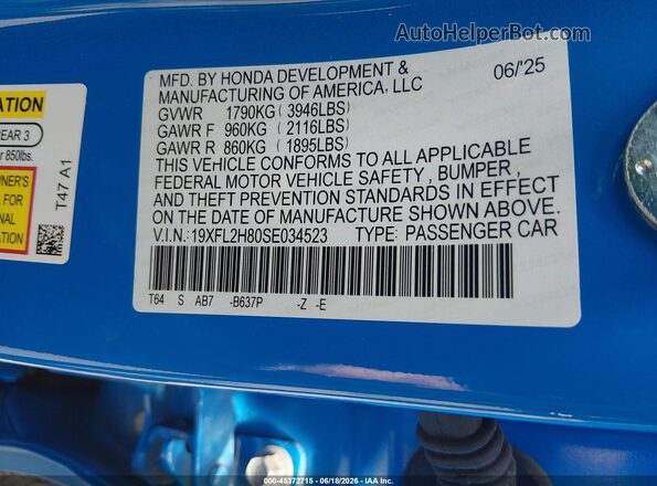 19XFL2H80SE034523 2025 HONDA CIVIC Blue Widok komory silnika