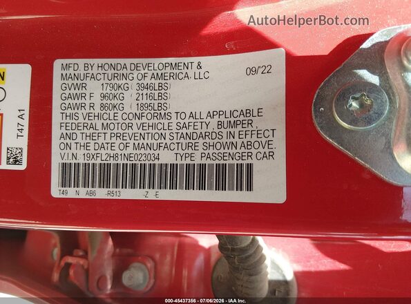 19XFL2H81NE023034 2022 HONDA CIVIC Красный Вид подкапотного пространства