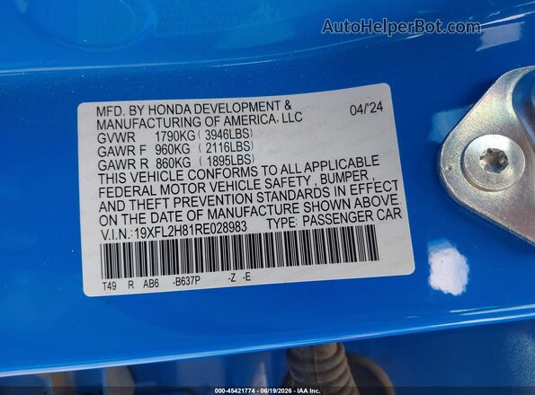 19XFL2H81RE028983 2024 HONDA CIVIC Blue Շարժիչի բաժամունքի տեսք