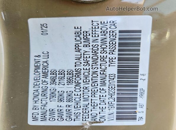 19XFL2H82SE017433 2025 HONDA CIVIC Tan VIN կոդի պիտակի տեսք