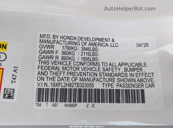 19XFL2H82TE023055 2026 HONDA CIVIC White ძრავის განყოფილების ხედი