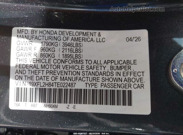 19XFL2H84TE022487 2026 HONDA CIVIC Gray Vista del compartimento del motor