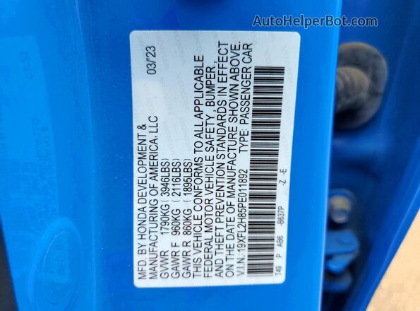 19XFL2H85PE011892 2023 HONDA CIVIC Blue VIN კოდის სტიკერის ხედი