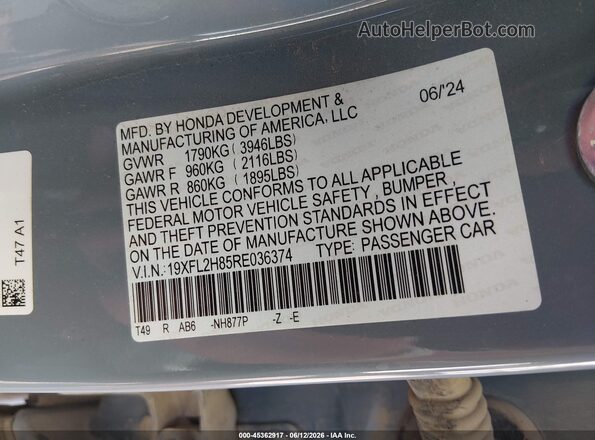 19XFL2H85RE036374 2024 HONDA CIVIC Серый Вид подкапотного пространства