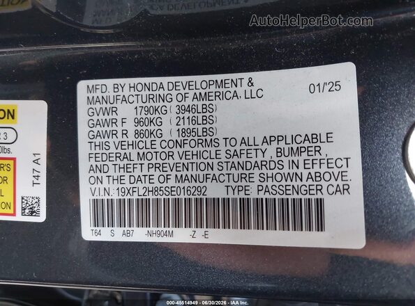 19XFL2H85SE016292 2025 HONDA CIVIC Gray Vista del compartimento del motor