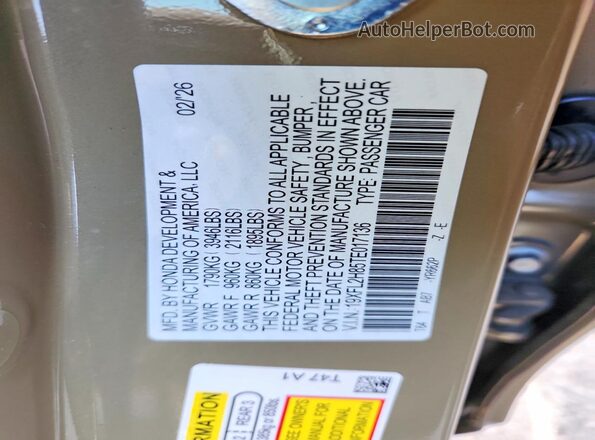 19XFL2H85TE017136 2026 HONDA CIVIC Tan Vista de la etiqueta del VIN