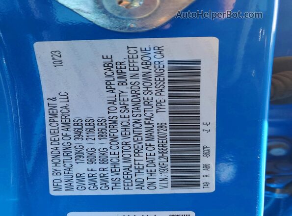 19XFL2H86RE007286 2024 HONDA CIVIC Blue Widok naklejki z numerem VIN