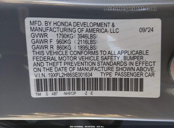19XFL2H86SE001834 2025 HONDA CIVIC Gray ძრავის განყოფილების ხედი