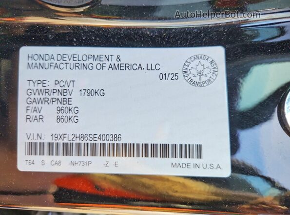 19XFL2H86SE400386 2025 HONDA CIVIC Black Widok naklejki z numerem VIN