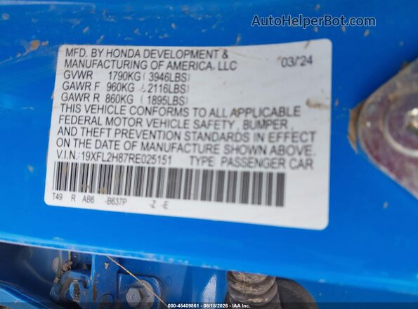 19XFL2H87RE025151 2024 HONDA CIVIC Blue Widok komory silnika