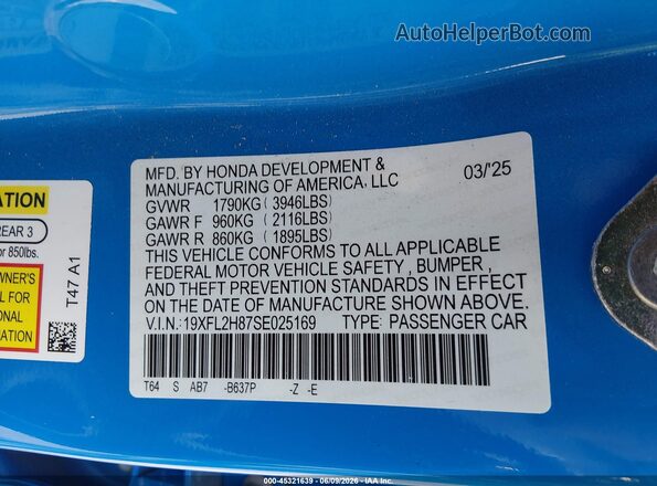 19XFL2H87SE025169 2025 HONDA CIVIC Blue Vista del compartimento del motor