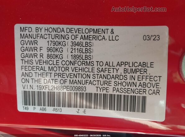 19XFL2H88PE009893 2023 HONDA CIVIC Red Widok komory silnika