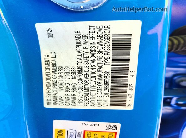 19XFL2H88RE035994 2024 HONDA CIVIC Blue Engine compartment view