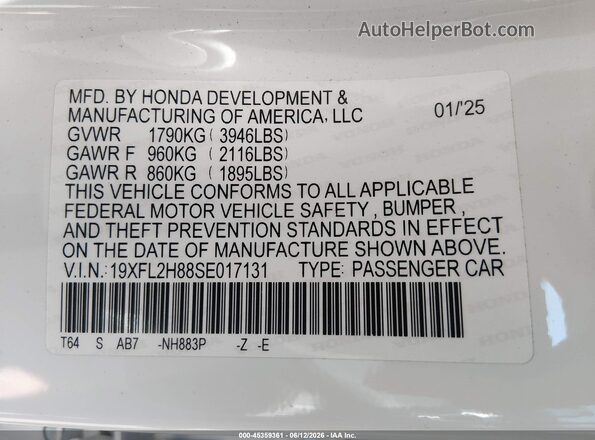 19XFL2H88SE017131 2025 HONDA CIVIC White Вид підкапотного простору