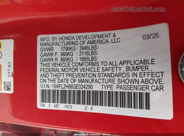 19XFL2H88SE024290 2025 HONDA CIVIC Red Widok komory silnika