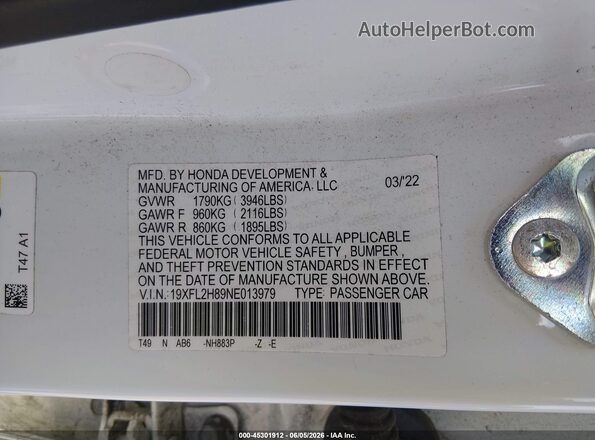 19XFL2H89NE013979 2022 HONDA CIVIC White Вид підкапотного простору