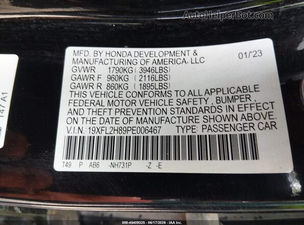 19XFL2H89PE006467 2023 HONDA CIVIC Black Շարժիչի բաժամունքի տեսք