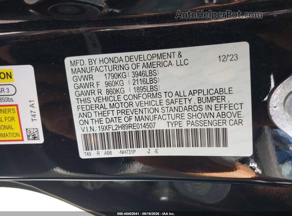 19XFL2H89RE014507 2024 HONDA CIVIC Black Engine compartment view