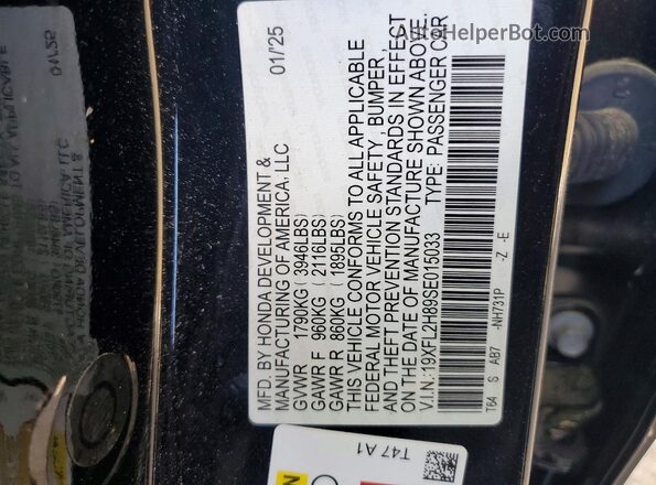 19XFL2H89SE015033 2025 HONDA CIVIC Black 