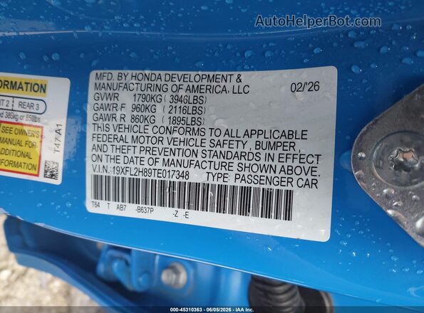 19XFL2H89TE017348 2026 HONDA CIVIC Blue Widok komory silnika