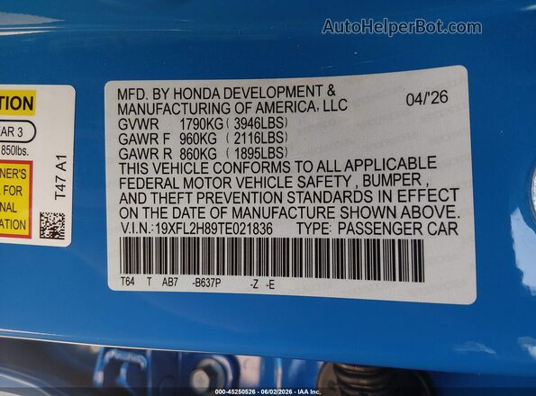 19XFL2H89TE021836 2026 HONDA CIVIC Blue Vista del compartimento del motor