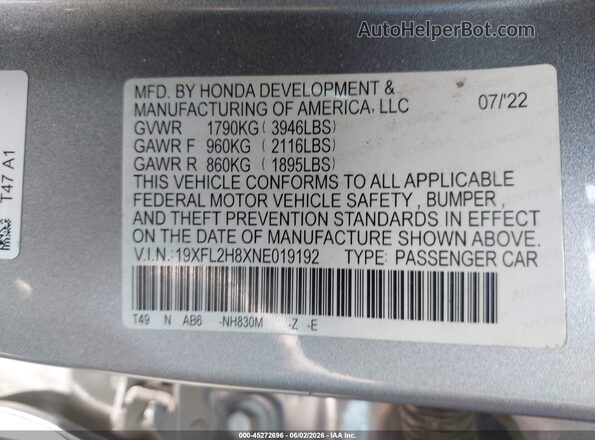 19XFL2H8XNE019192 2022 HONDA CIVIC Синий Вид подкапотного пространства