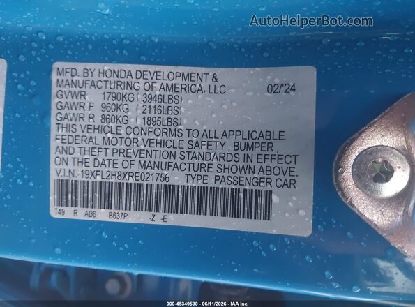 19XFL2H8XRE021756 2024 HONDA CIVIC Синий Вид подкапотного пространства