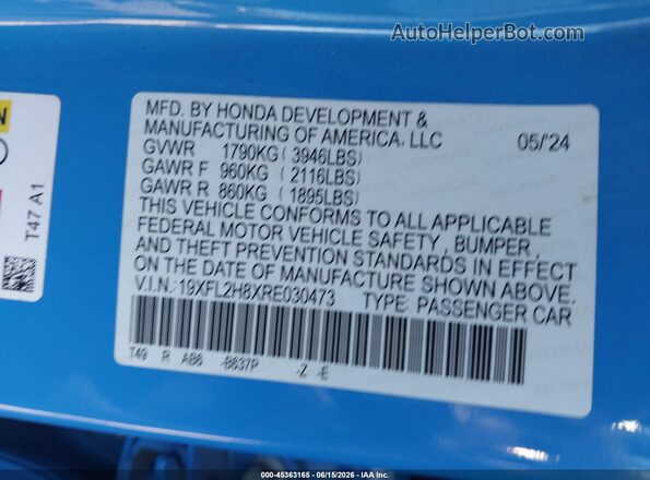 19XFL2H8XRE030473 2024 HONDA CIVIC Blue Вид підкапотного простору