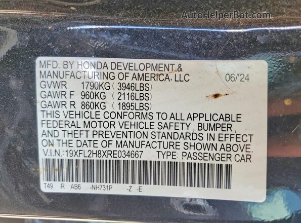 19XFL2H8XRE034667 2024 HONDA CIVIC Black ძრავის განყოფილების ხედი