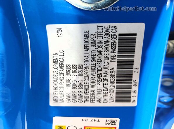 19XFL2H8XSE012674 2025 HONDA CIVIC Blue Панорамний вид салону 360°