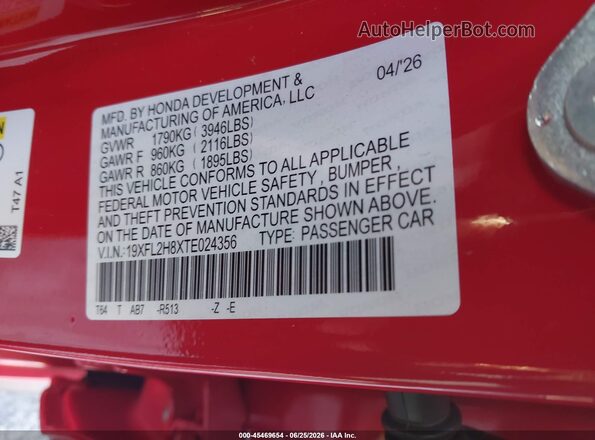 19XFL2H8XTE024356 2026 HONDA CIVIC Красный Вид подкапотного пространства