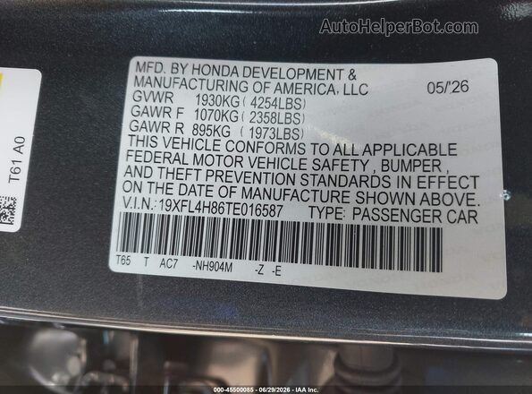 19XFL4H86TE016587 2026 HONDA CIVIC Gray Vista del compartimento del motor
