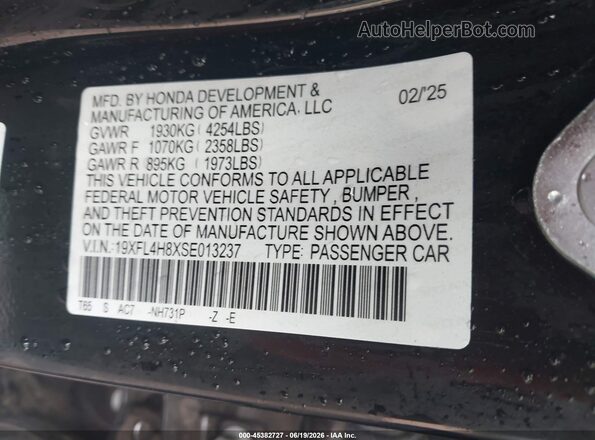 19XFL4H8XSE013237 2025 HONDA CIVIC Black Շարժիչի բաժամունքի տեսք