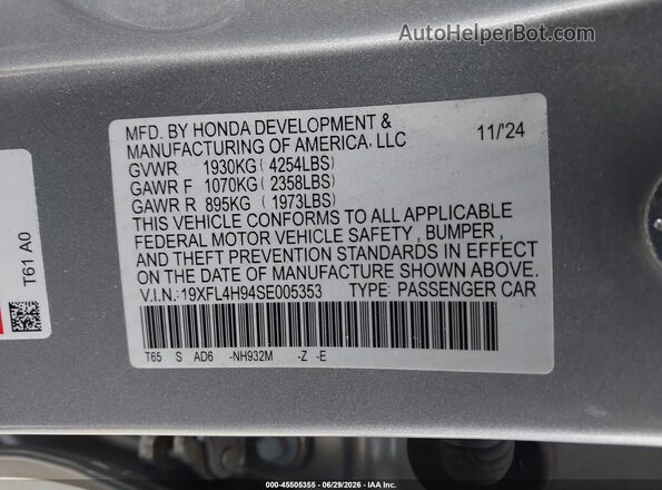 19XFL4H94SE005353 2025 HONDA CIVIC Silver ძრავის განყოფილების ხედი