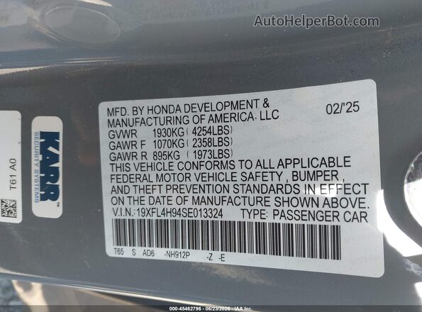 19XFL4H94SE013324 2025 HONDA CIVIC Gray ძრავის განყოფილების ხედი