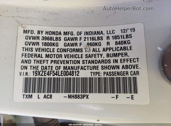 19XZE4F54LE004812 2020 HONDA INSIGHT White Շարժիչի բաժամունքի տեսք