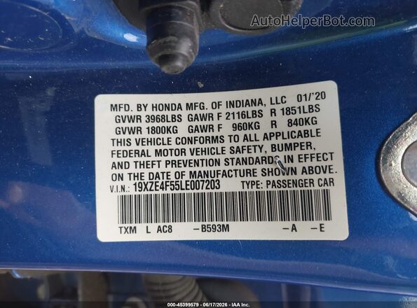 19XZE4F55LE007203 2020 HONDA INSIGHT Blue Engine compartment view