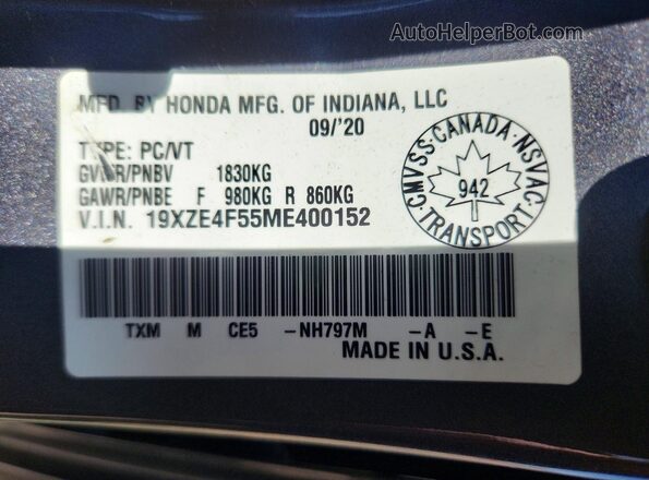19XZE4F55ME400152 2021 HONDA INSIGHT Gray Вид наклейки з VIN-кодом