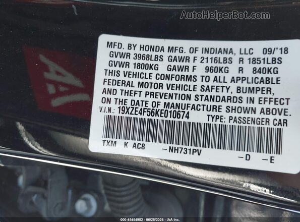 19XZE4F56KE010674 2019 HONDA INSIGHT Black Vista del compartimento del motor