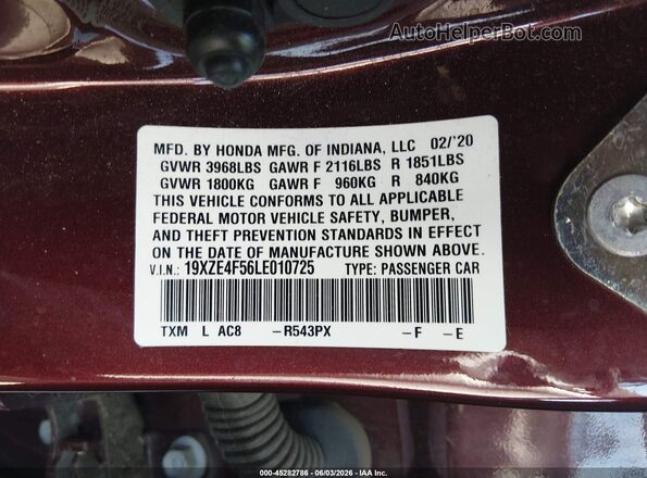 19XZE4F56LE010725 2020 HONDA INSIGHT Темно-бордовый Вид подкапотного пространства