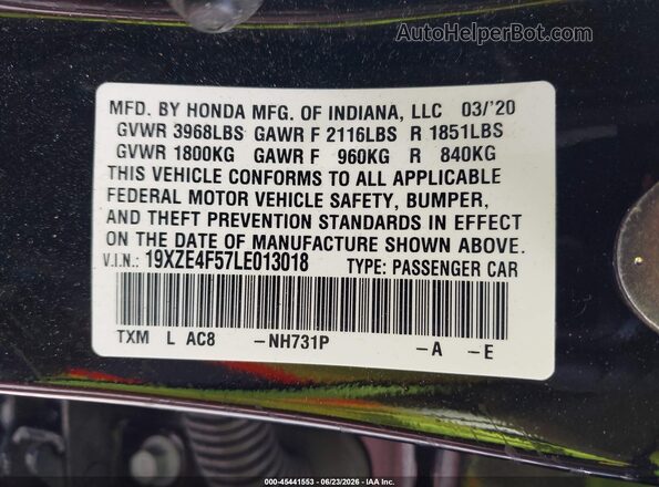 19XZE4F57LE013018 2020 HONDA INSIGHT Black Շարժիչի բաժամունքի տեսք