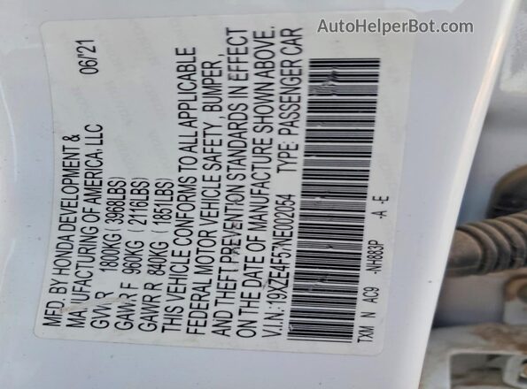 19XZE4F57NE002054 2022 HONDA INSIGHT White VIN կոդի պիտակի տեսք