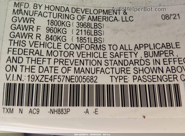 19XZE4F57NE005682 2022 HONDA INSIGHT White Вид підкапотного простору
